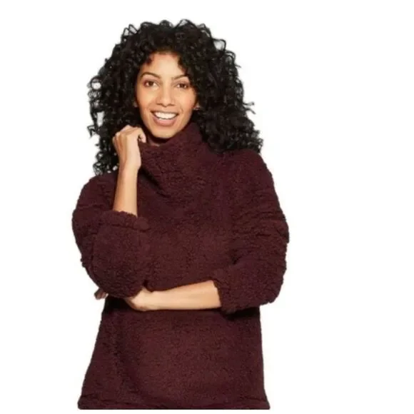A New Day Super Soft Comfy Burgundy Cowl Neck Sherpa Sweater Size Medium NEW! - Picture 2 of 5